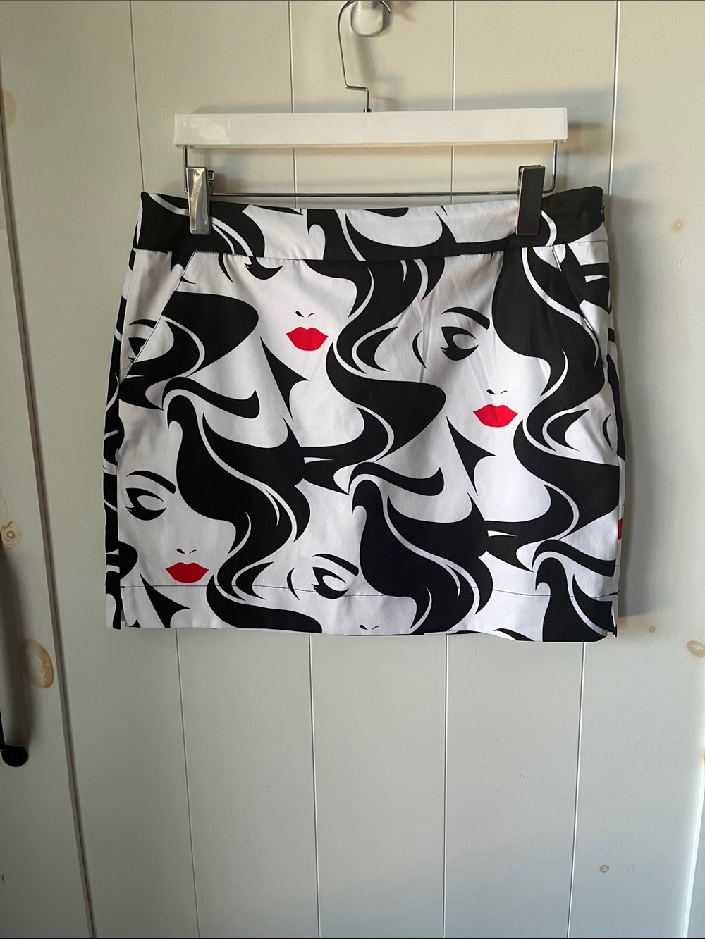Loudmouth Black & White Mini Skirt with Red Lip Print